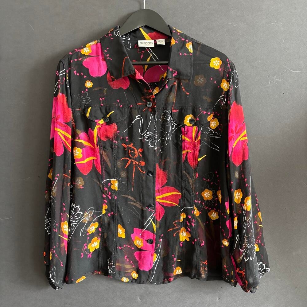 Chico’s Silk Floral Button Up Blouse Black Pink Red Yellow - Size S